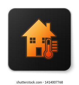 Orange glowing House temperature icon isolated on white background. Thermometer icon. Black square button. Vector Illustration