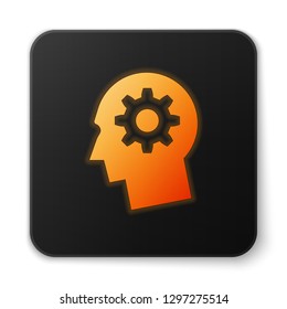 Orange glowing Human head with gear inside icon isolated on white background. Artificial intelligence. Thinking brain sign. Symbol work of brain. Flat design. Black square button. Vector Illustration