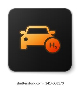 Orange glowing Hydrogen car icon isolated on white background. H2 station sign. Hydrogen fuel cell car eco environment friendly zero emission. Black square button. Vector Illustration