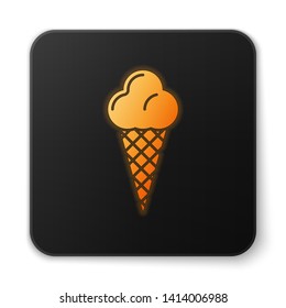 Orange glowing Ice cream in waffle cone icon isolated on white background. Sweet symbol. Black square button. Vector Illustration