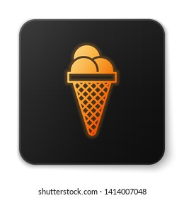 Orange glowing Ice cream in waffle cone icon isolated on white background. Sweet symbol. Black square button. Vector Illustration