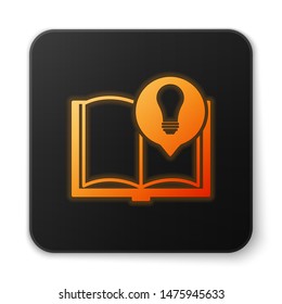 Orange glowing Interesting facts icon isolated on white background. Book or article and light bulb. Black square button. Vector Illustration