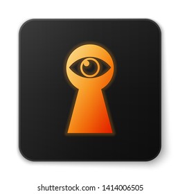 Orange glowing Keyhole with eye icon isolated on white background. The eye looks into the keyhole. Keyhole eye hole. Black square button. Vector Illustration