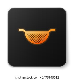 Orange glowing Kitchen colander icon isolated on white background. Cooking utensil. Cutlery sign. Black square button. Vector Illustration