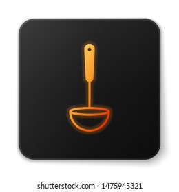 Orange glowing Kitchen ladle icon isolated on white background. Cooking utensil. Cutlery spoon sign. Black square button. Vector Illustration