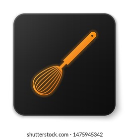 Orange glowing Kitchen whisk icon isolated on white background. Cooking utensil, egg beater. Cutlery sign. Food mix symbol. Black square button. Vector Illustration