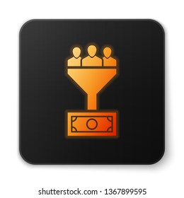 Orange glowing Lead management icon isolated on white background. Funnel with people, money. Target client business concept. Black square button. Vector Illustration