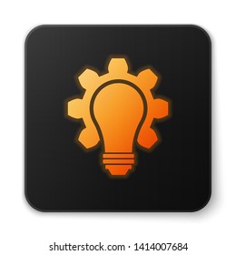 Orange glowing Light bulb and gear icon isolated on white background. Innovation concept. Business idea. Black square button. Vector Illustration