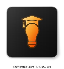 Orange glowing Light bulb and graduation cap icon isolated on white background. University Education concept. Black square button. Vector Illustration