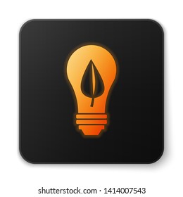 Orange glowing Light bulb with leaf icon isolated on white background. Eco energy concept. Alternative energy concept. Black square button. Vector Illustration