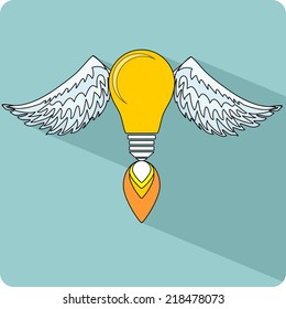 Orange Glowing Light Bulb with a Rocket Engine Taking off Her Wings on Shadow Background