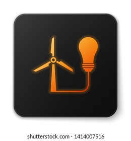 Orange glowing Light bulb with wind turbine as idea of eco friendly source of energy icon isolated on white background. Alternative energy concept. Black square button. Vector Illustration