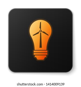 Orange glowing Light bulb with wind turbine as idea of eco friendly source of energy icon isolated on white background. Alternative energy concept. Black square button. Vector Illustration