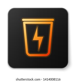 Orange glowing Lightning with trash can icon isolated on white background. Waste to energy. Garbage bin sign. Recycle basket sign. Black square button. Vector Illustration