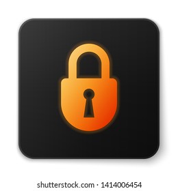 Orange glowing Lock icon isolated on white background. Padlock sign. Security, safety, protection, privacy concept. Black square button. Vector Illustration