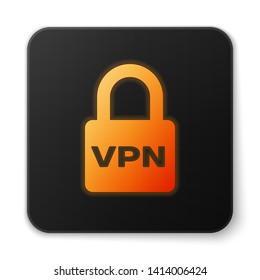 Orange glowing Lock VPN icon isolated on white background. Black square button. Vector Illustration