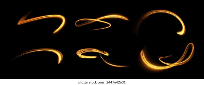 Orange glowing magic swirl game effect vector illustrations set. Bright twirl ray in motion. Luminous lines of speed, lights movement. Shiny trail waves, flying flash, fire trace