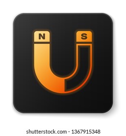 Orange glowing Magnet icon isolated on white background. Horseshoe magnet, magnetism, magnetize, attraction sign. Black square button. Vector Illustration