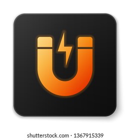 Orange glowing Magnet with lightning icon isolated on white background. Horseshoe magnet, magnetism, magnetize, attraction sign. Black square button. Vector Illustration