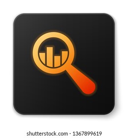 Orange glowing Magnifying glass and data analysis icon isolated on white background. Black square button. Vector Illustration