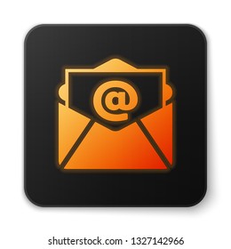 Orange glowing Mail and e-mail icon isolated on white background. Envelope symbol e-mail. Email message sign. Black square button. Vector Illustration