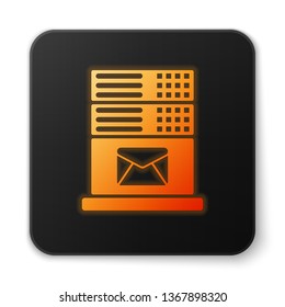 Orange glowing Mail server icon isolated on white background. Black square button. Vector Illustration