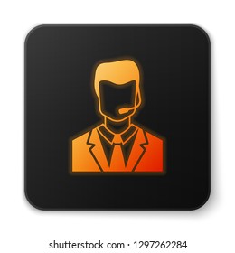 Orange glowing Man with a headset icon isolated on white background. Support operator in touch. Concept for call center, client support service. Flat design. Black square button. Vector Illustration