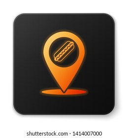 Orange glowing Map pointer with fast food hotdog icon isolated on white background. Sausage icon. Black square button. Vector Illustration