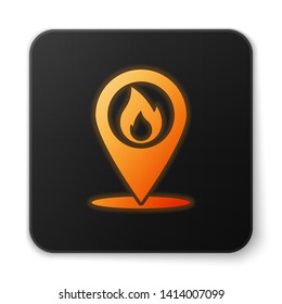 Orange glowing Map pointer with fire flame icon isolated on white background. Fire nearby. Black square button. Vector Illustration