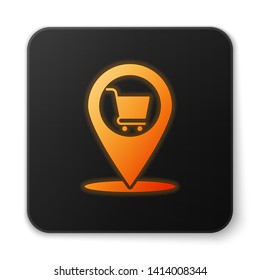 Orange glowing Map pointer with shopping cart icon isolated on white background. Pin point shop and shopping. Supermarket basket symbol. Black square button. Vector Illustration