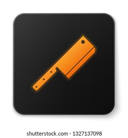 Orange glowing Meat chopper icon isolated on white background. Kitchen knife for meat. Butcher knife. Black square button. Vector Illustration