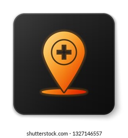 Orange glowing Medical map pointer with cross hospital icon isolated on white background. Black square button. Vector Illustration