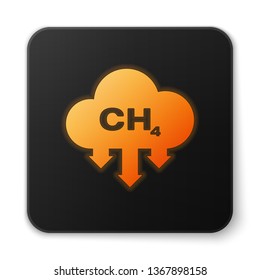 Orange glowing Methane emissions reduction icon isolated on white background. CH4 molecule model and chemical formula. Marsh gas. Natural gas. Black square button. Vector Illustration