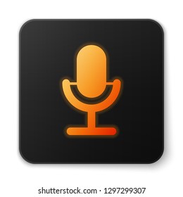 Orange glowing Microphone icon isolated on white background. On air radio mic microphone. Speaker sign. Flat design. Black square button. Vector Illustration