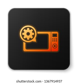 Orange glowing Microwave oven and gear icon isolated on white background. Adjusting app, service concept, setting options, maintenance, repair, fixing. Black square button. Vector Illustration