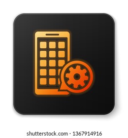 Orange glowing Mobile Apps and gear icon isolated on white background. Adjusting app, service concept, setting options, maintenance, repair, fixing. Black square button. Vector Illustration