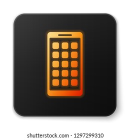 Orange glowing Mobile Apps icon isolated on white background. Smartphone with screen icons, applications. mobile phone showing screen. Black square button. Vector Illustration