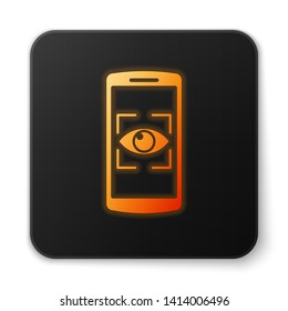 Orange glowing Mobile phone and eye scan icon isolated on white background. Scanning eye. Security check symbol. Cyber eye sign. Black square button. Vector Illustration