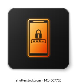 Orange glowing Mobile phone and password protection icon isolated on white background. Security, safety, personal access, user authorization, privacy. Black square button. Vector Illustration