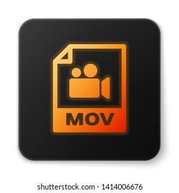 Orange glowing MOV file document icon. Download mov button icon isolated on white background. MOV file symbol. Audio and video collection. Black square button. Vector Illustration