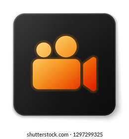 Orange glowing Movie or Video camera icon isolated on white background. Cinema camera icon. Black square button. Vector Illustration