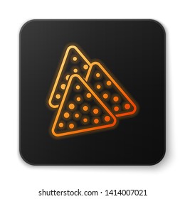Orange glowing Nachos icon isolated on white background. Tortilla chips or nachos tortillas. Traditional mexican fast food. Black square button. Vector Illustration
