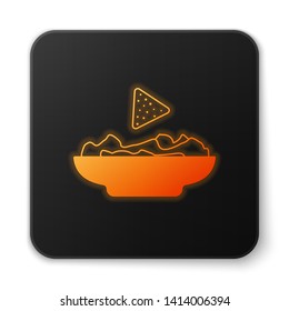 Orange glowing Nachos in plate icon isolated on white background. Tortilla chips or nachos tortillas. Traditional mexican fast food. Black square button. Vector Illustration