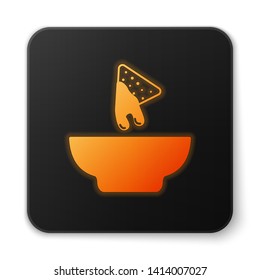 Orange glowing Nachos in plate icon isolated on white background. Tortilla chips or nachos tortillas. Traditional mexican fast food. Black square button. Vector Illustration