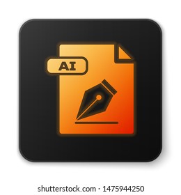 Orange glowing neon AI file document. Download ai button icon isolated on white background. AI file symbol. Black square button. Vector Illustration