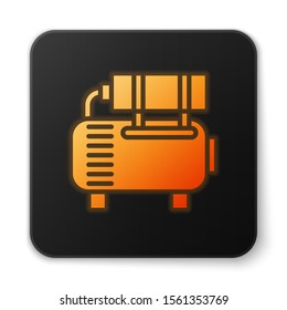 Orange glowing neon Air compressor icon isolated on white background. Black square button. Vector Illustration