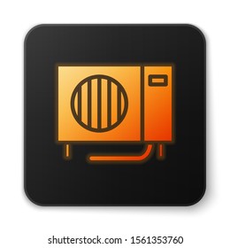 Orange glowing neon Air conditioner icon isolated on white background. Split system air conditioning. Cool and cold climate control system. Black square button. Vector Illustration