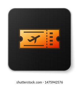 Orange glowing neon Airline ticket icon isolated on white background. Plane ticket. Black square button. Vector Illustration