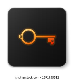 Orange glowing neon Ancient key for game icon isolated on white background. Black square button. Vector Illustration