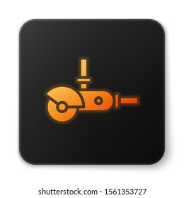 Orange glowing neon Angle grinder icon isolated on white background. Black square button. Vector Illustration